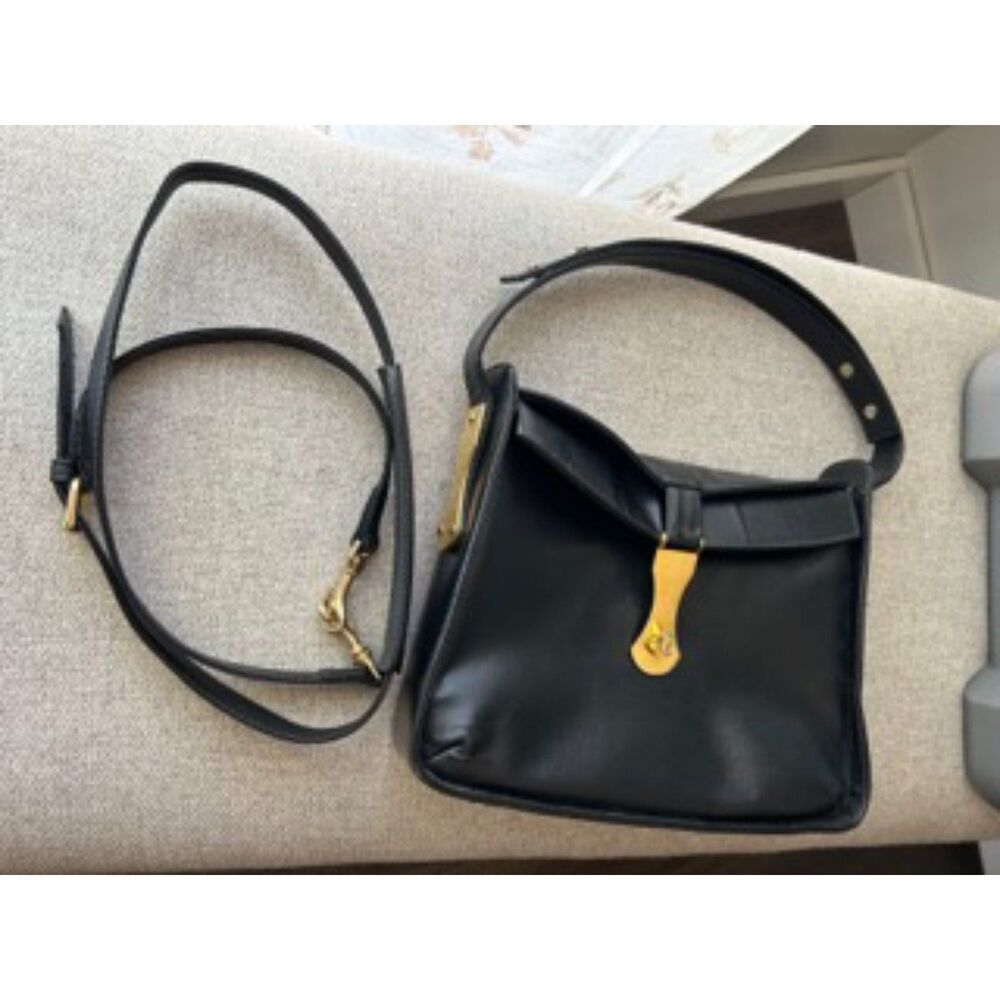 Vintage Block Black Leather Crossbody Bag Gold Hardware Minimalist Purse